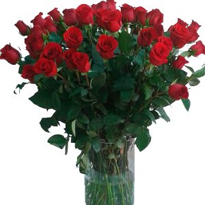 FLORERO DE VIDRIO CON 7O ROSAS ROJAS