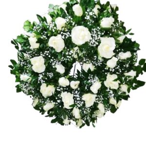 CORONA ROSAS BLANCAS CONDOLENCIAS