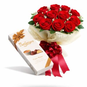 RAMO 12 ROSAS ROJAS MÁS BOMBON BELGIAN
