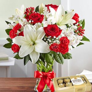 FLORERO DE LILIUM, ROSAS Y BOMBONES